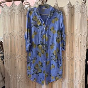 Linen FloralCitrus Button-Up Dress with Pockets